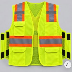High-Visibility Lime Safety Vest with Reflective Bands and Utility Pockets